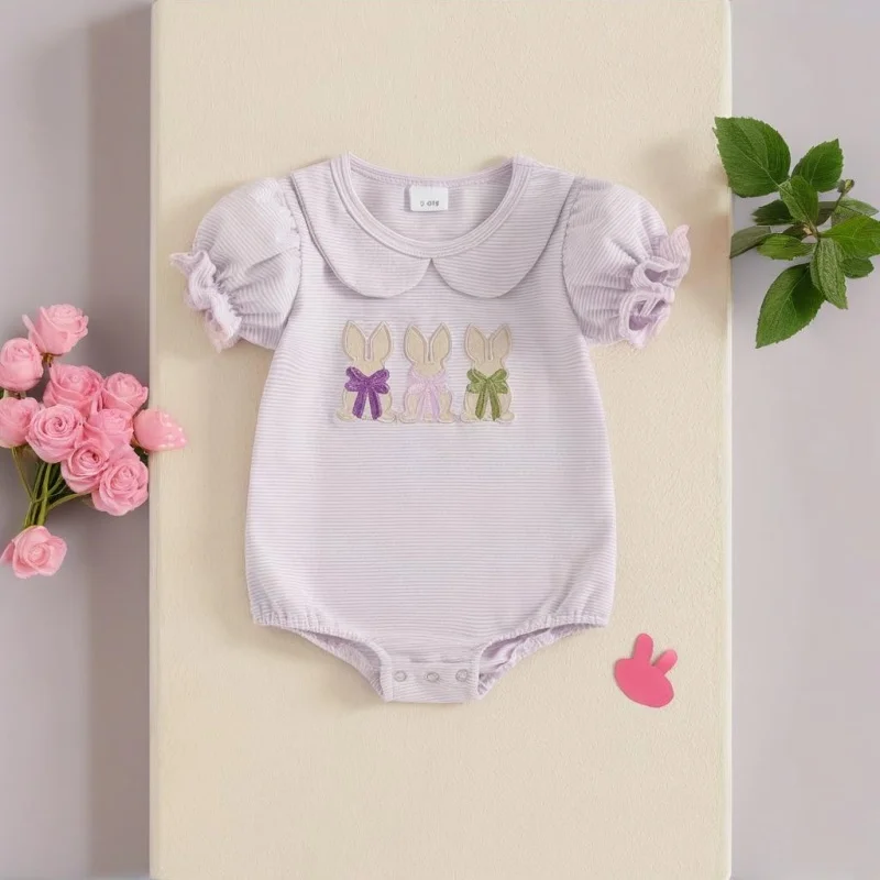 Cute Baby Girls Bodysuits Toddler Newborn Easter Clothes Rabbit Embroidery Doll Collar Short Sleeve Infant Jumpsuits Streetwear