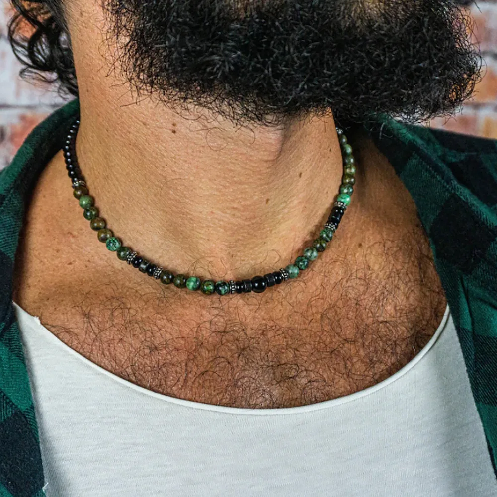 1PC Man's Retro Ethnic Style Natural Flash Stone Necklace for Men Black Beaded Surfer Necklace Man Jewelry Collar Hombre