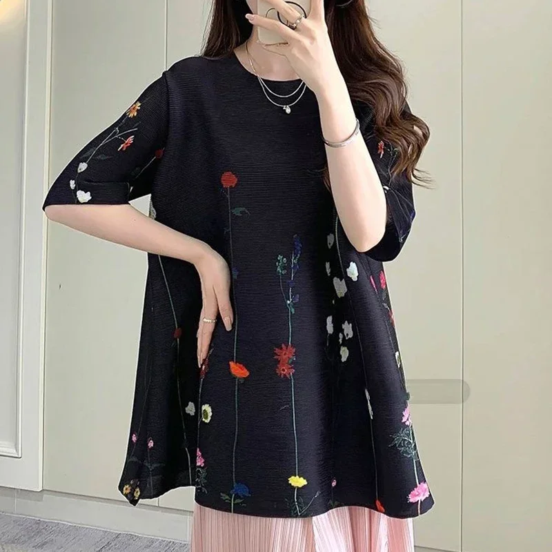 2025 Top estivo a pieghe T-shirt ampia stampata casual comoda da donna Girocollo Camicia a maniche corte Top