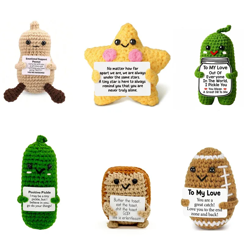 Funny Crochet Positive Toast Emotional Support Crochet Ornaments Handmade Knitted Toast Dolls with Positive Card Christmas Gifts