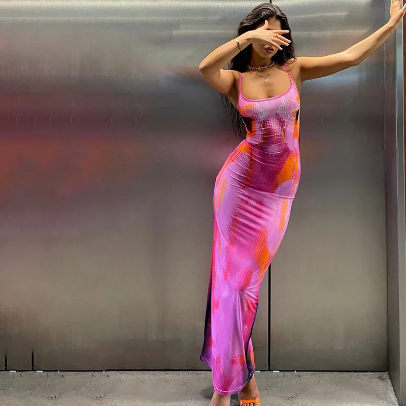 Frauen Sommer Ärmelloses Drucken Spaghetti Strap Kleid Backless Bodenlangen Sexy Schlank Tank Kleider Neue Mode Leibchen Vestidos