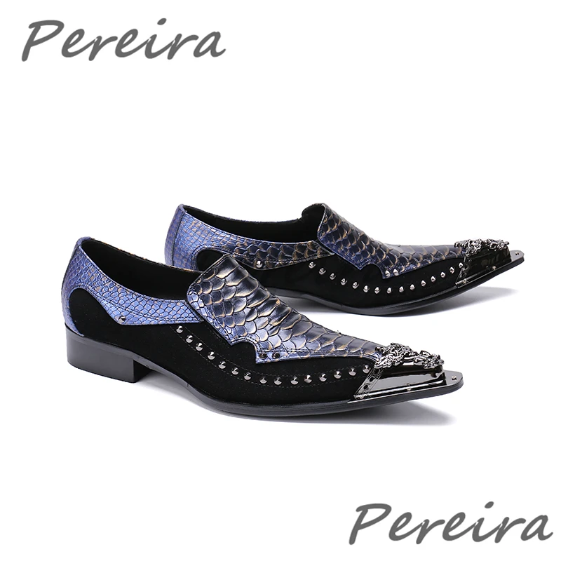 Мужская обувь с железным острым носком, модные деловые модельные туфли из коровьей кожи с заклепками и змеиным узором, лоскутные вечерние свадебные туфли ручной работы
