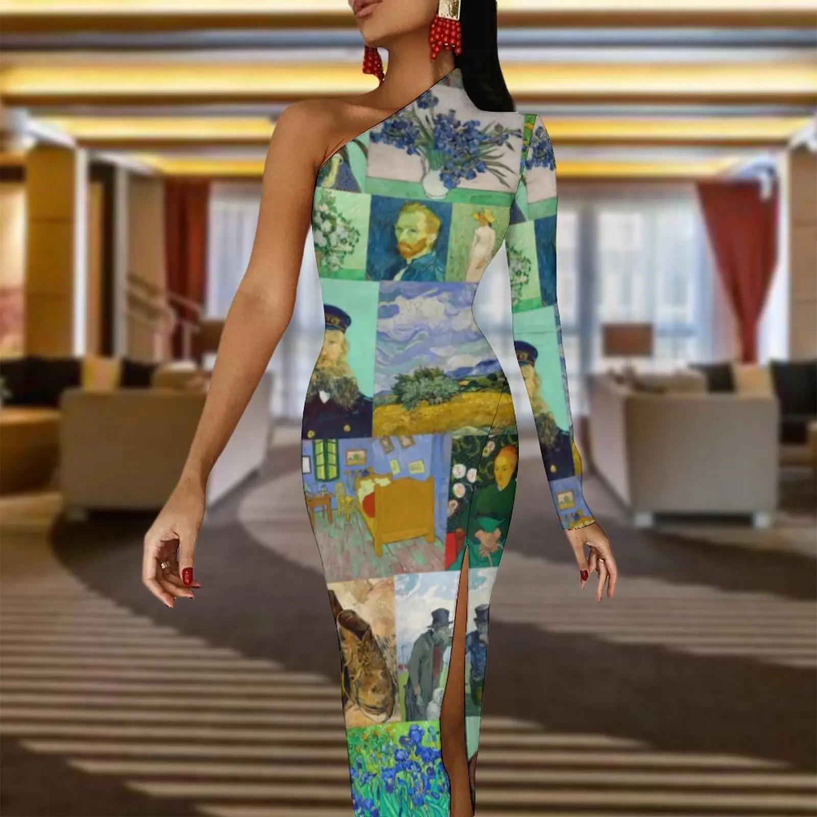 Van Gogh Bodycon Dress Spring Collection of Paintings Trendy High Slit Long Dresses One Shoulder Graphic Street Style Dress
