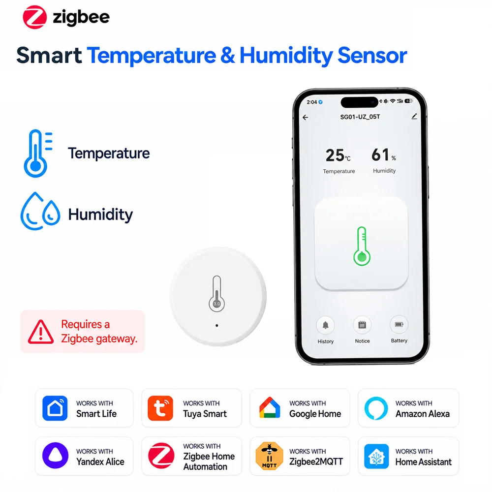 Zigbee 3.0 Temperature Humidity Sensor, Requires a Zigbee Hub, For Use With Home Assistant Zigbee2MQTT Alexa Google Home