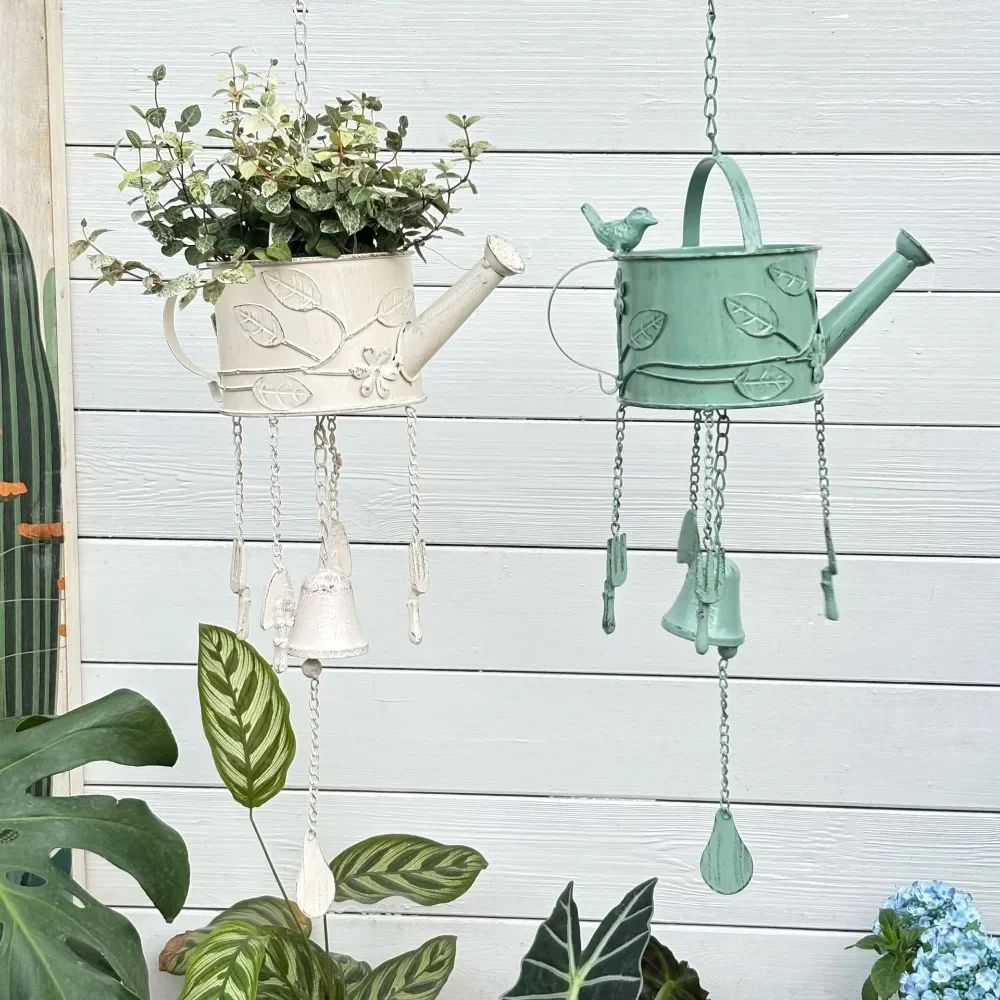 Iron Sprinkler Watering Pot Wind Chime Bird Tree Leaves Leaf Relief Vintage Courtyard Terrace Garden Decoration Pendant Gifts