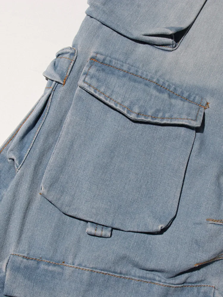 ZMEENNA Hellblaue Wash-Denim-Cargohose für Damen, stilvolle Jeans mit mehreren Taschen, lockere Passform und weitem Bein, lässige Mode ZM3579