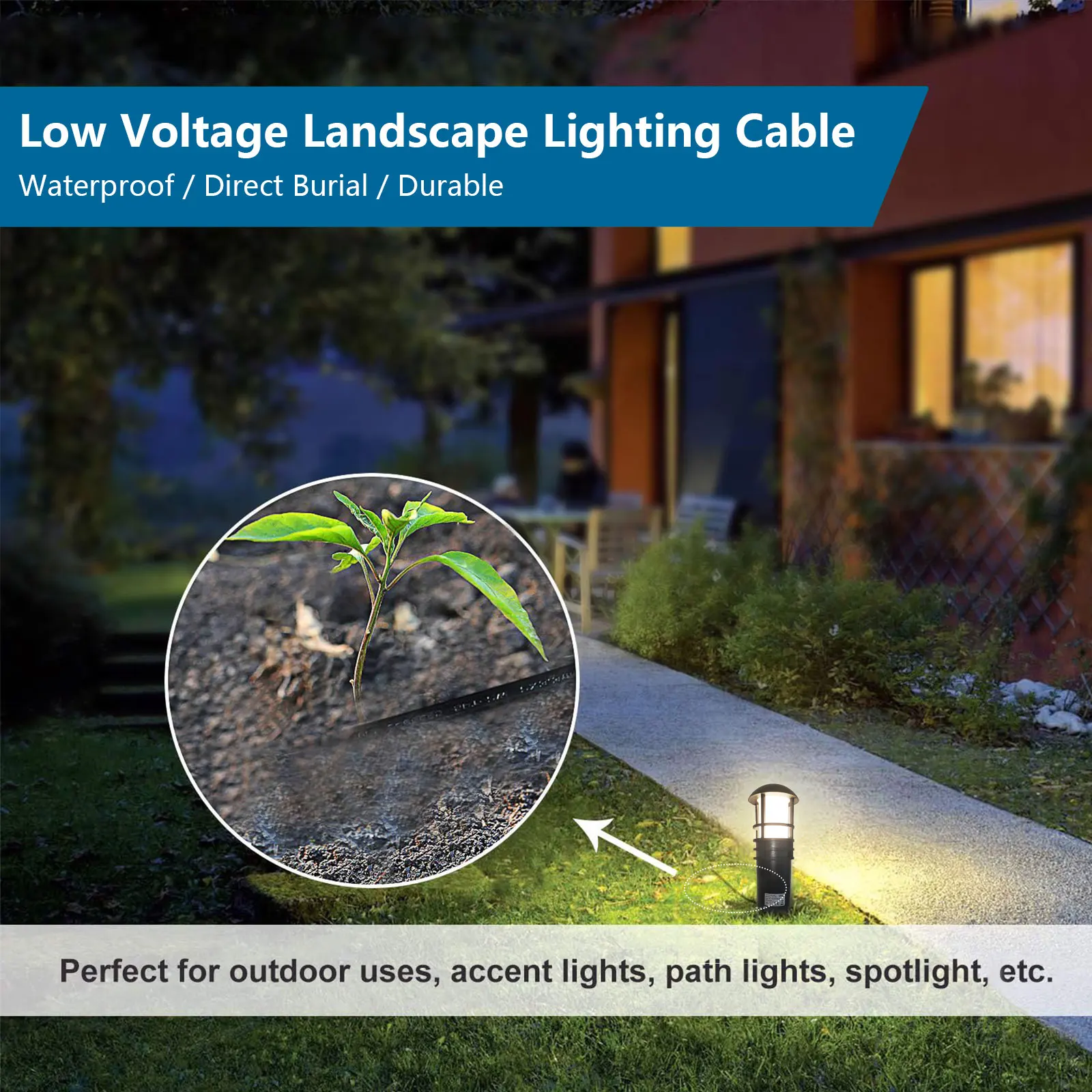 18AWG/20AWG/22AWG Pure Copper Stranded Wire IP68 Waterproof -50℃~85℃ 5-50M Lighting Cable for Automotive Landscape Garden Patio