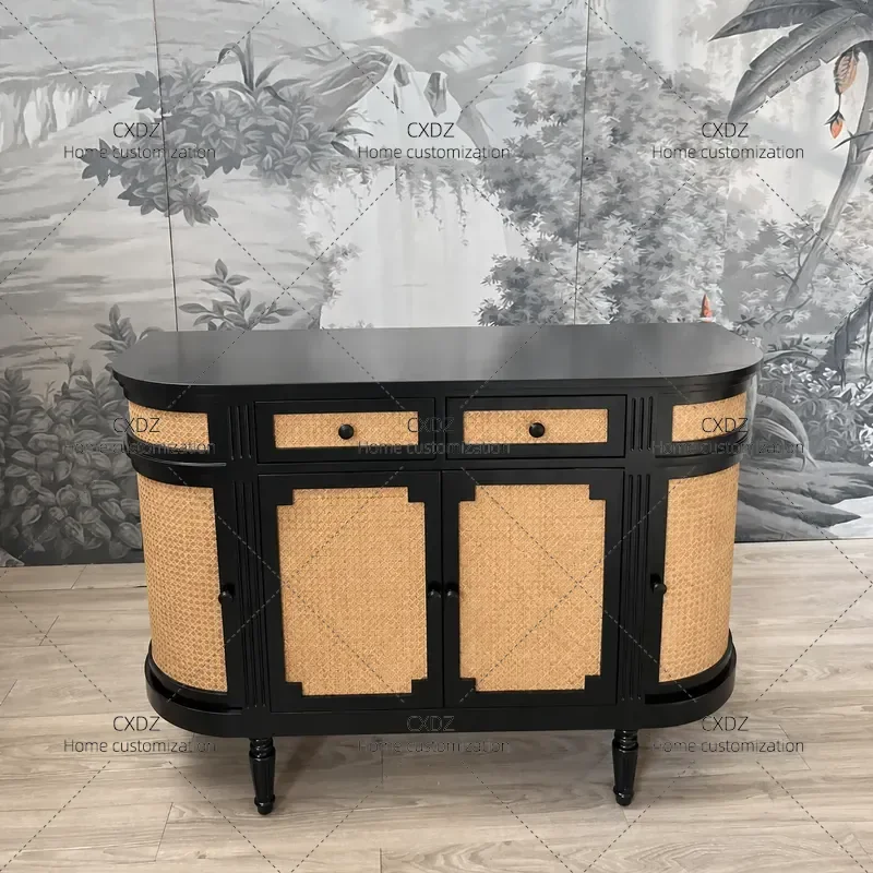 Retro Rattan Storage Cabinet Semi Round Sideboard with Drawers Simple Dining Room Chest Customizable Furniture