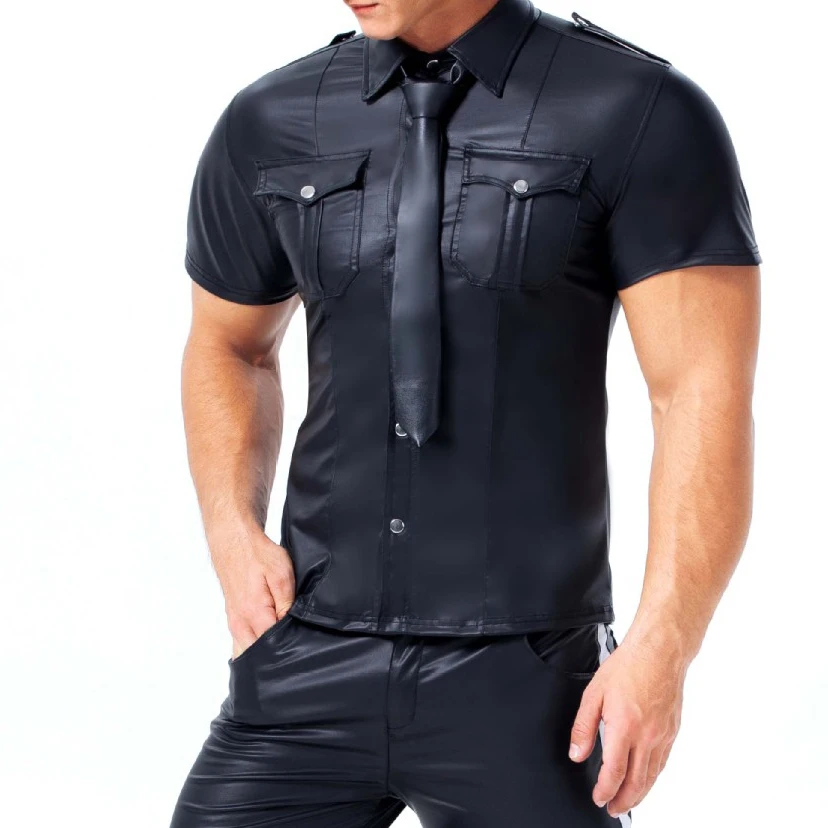 Herren-Cardigan mit Knöpfen, Umlegekragen, PVC-glänzendes Lackleder, sexy, eng anliegende Stretch-Latex-Oberbekleidung, Motorradbekleidung für Männer – Detail 3