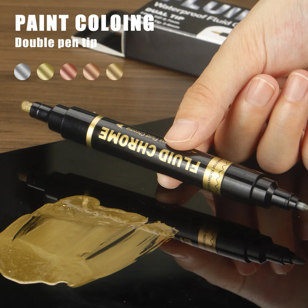 1 قطعة قلم طلاء دائم 0.7/6 مللي متر طرف مزدوج النحاس النحاس الفضة الذهب اللون مرآة الكروم مقاوم للماء تصفيف السيارة الحرف اليدوية