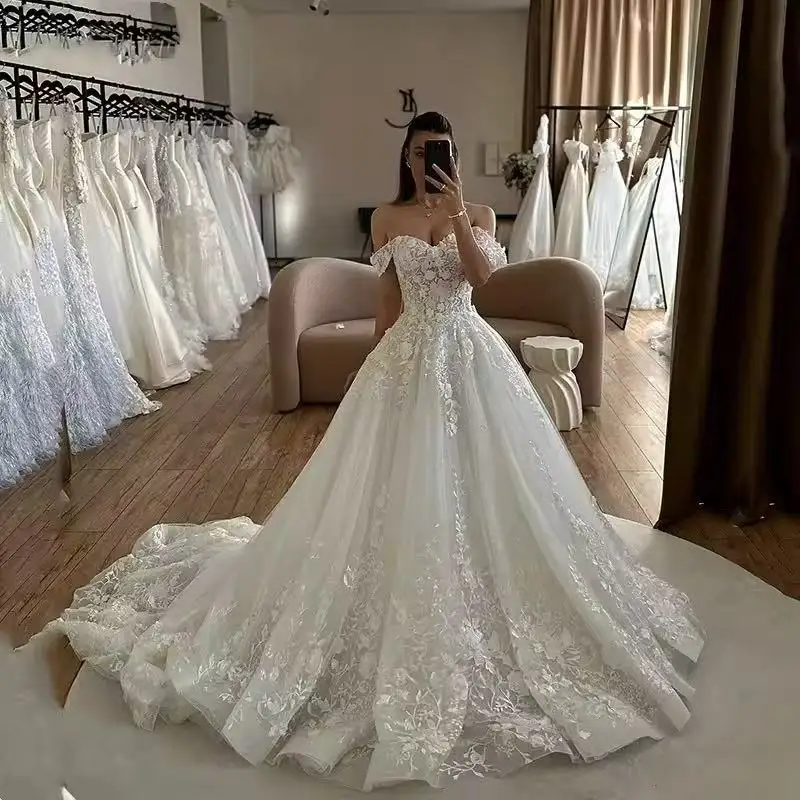 Customized Exquisite Lace Appliques Wedding Dresses for Women A-line Off the Shoulder Sweep Train Vestidos De Noiva