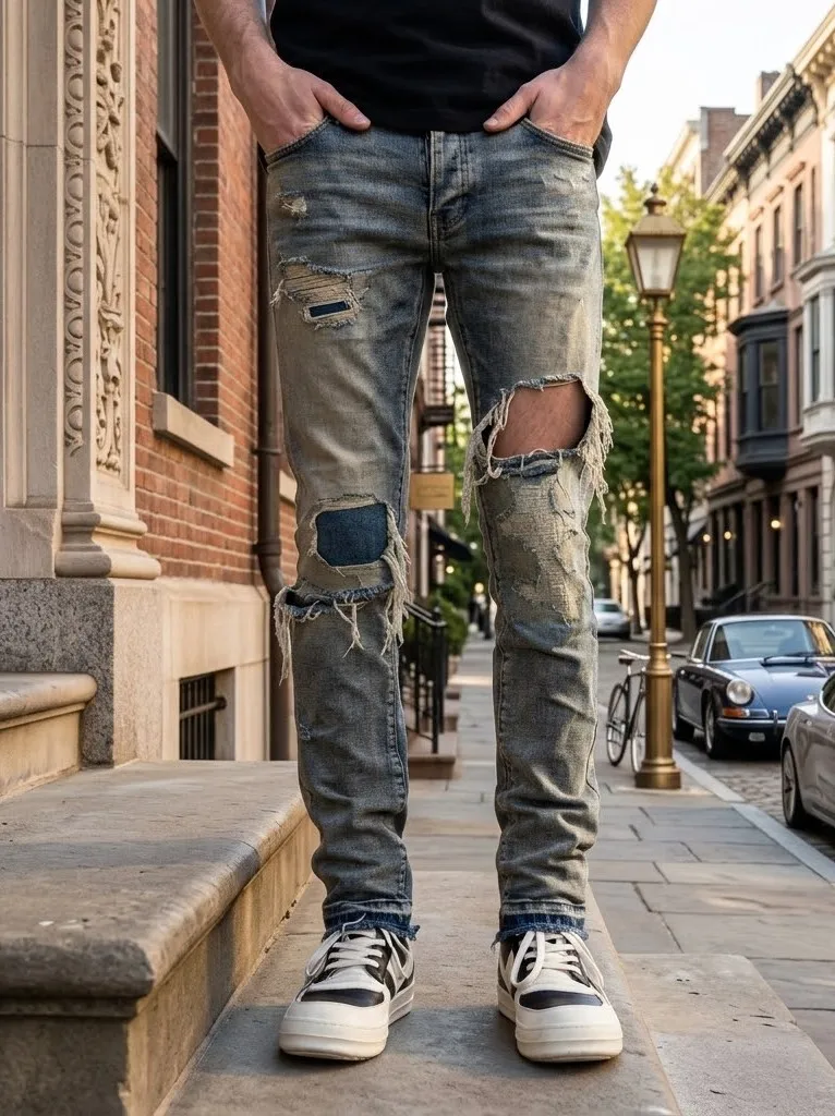 【HME】Men's Jeans | Distressed Ripped Denim Pants for Men, vintage Washed Patched Frayed Hole Design Straight Fit Men Denim Pants, Raw Hem Streetwear Casual Trousers, Retro Destroyed Jeans for Daily Outdoor Street Matching with Sneakers
