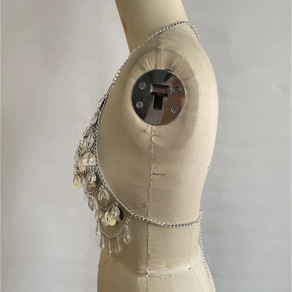 New Sexy Backless Body Chain Tank Top For Women With Gemstone Beads, Metal Tassels, And Sequins, Halter Neckline Beachwear