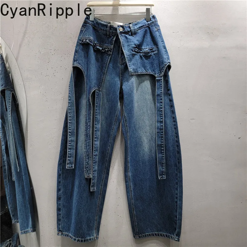 Faux Two-piece Splicing Ribbon Women Wide Leg Jeans 2026 New Autumn Vintage Washed Elastic Waist Floor-length Blue Denim Pants
