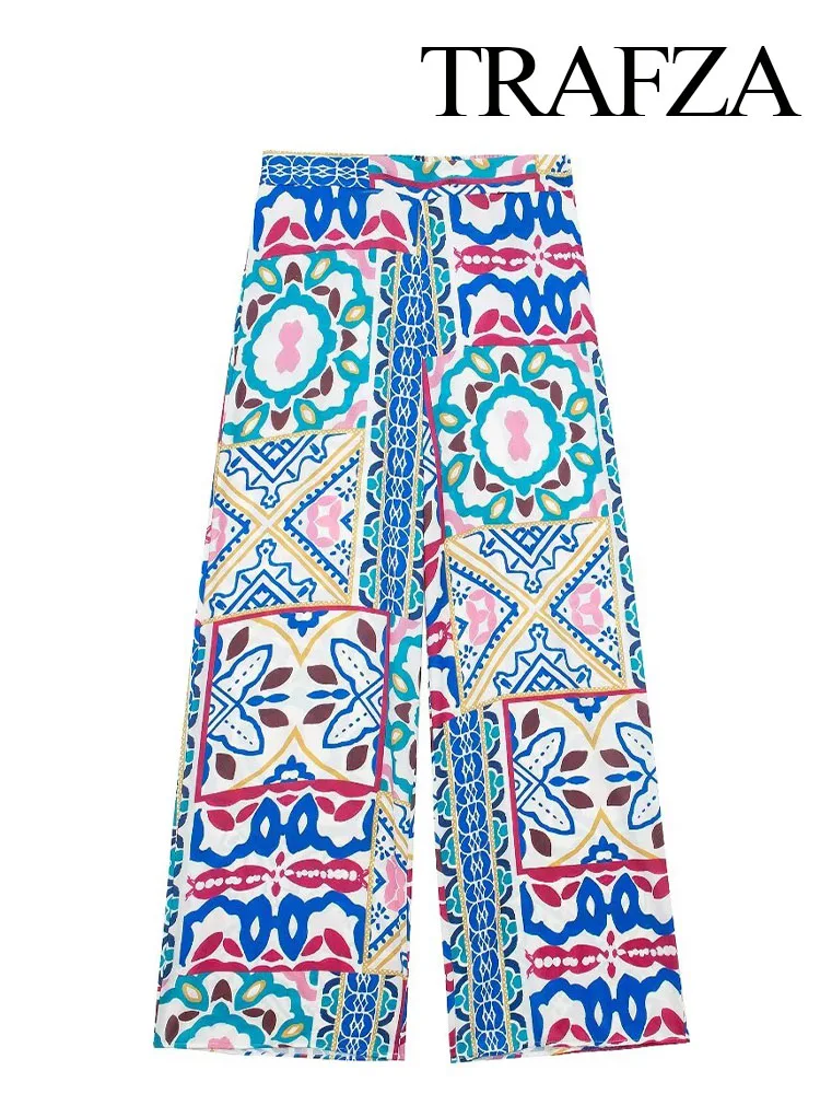 

TRAFZA Woman Summer Fashion Printed Ankle Length Long Trousers Female Chic Pocket Casual Bohemian Wide Leg Pant Streetwear Mujer