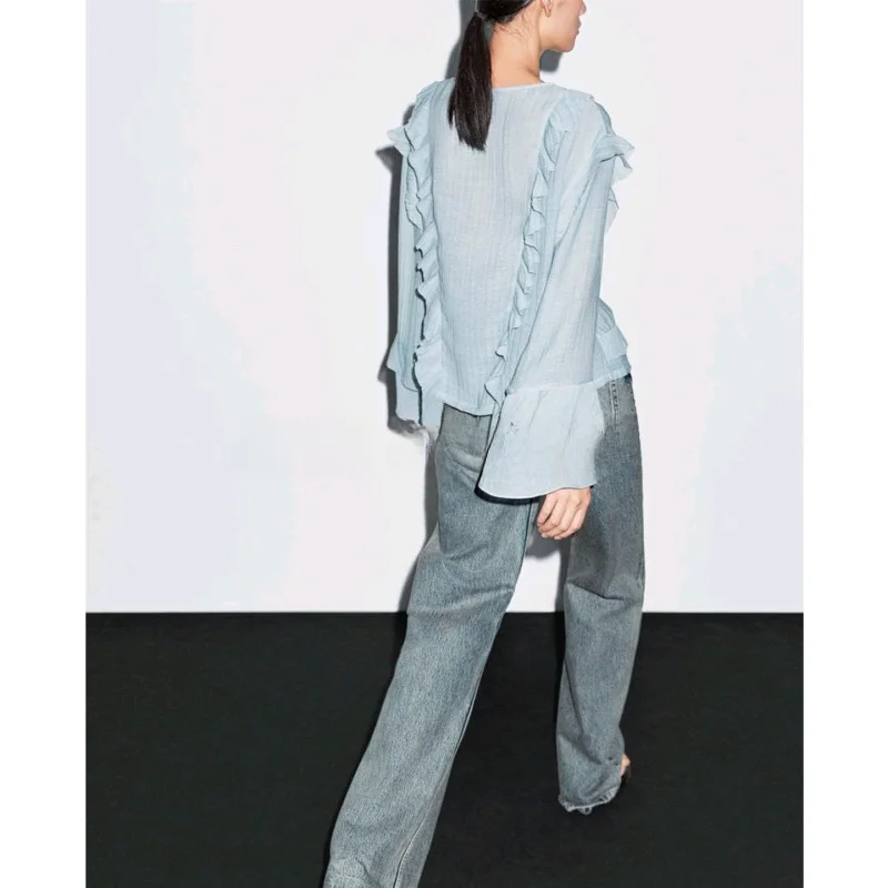 Design romantique Long Sve irt femmes haut Earlet dentelle garniture décontracté coupe ample Polyester respirant automne nouveau Sle 58400