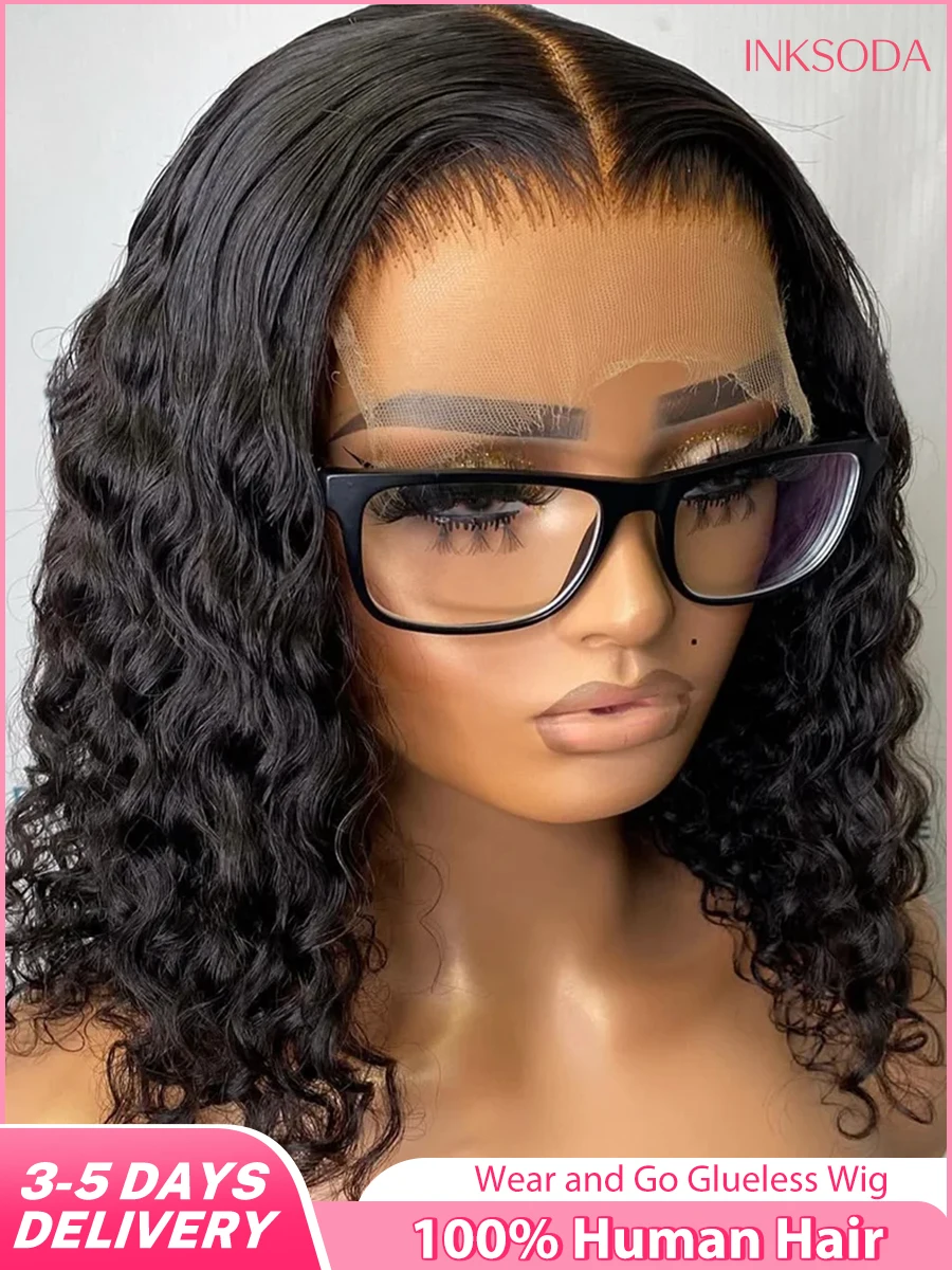 

Glueless Short Curly Bob Wig Human Hair Wear And Go Water Wave 5x5 HD Lace Front Human Hair Wigs Pre pluck Deep Wave Frontal Wig