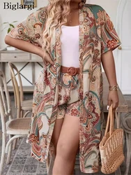 Plus Size Summer Floral Print 2-częściowy zestaw damski z krótkim rękawem Casual Modis Bluzki damskie z szerokimi nogawkami Luźne plisowane szorty damskie