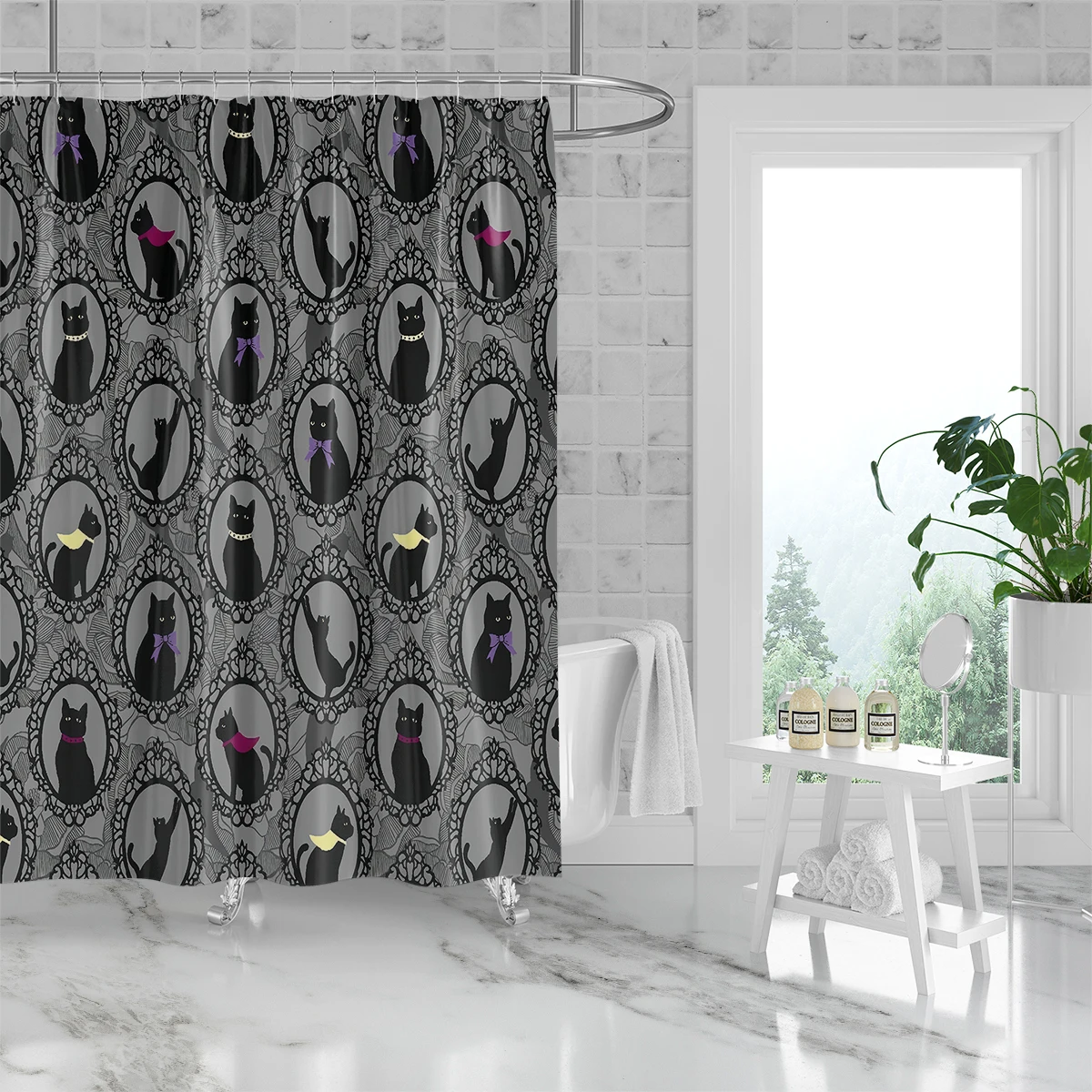 1pc, 180x180cm cartoon black cat print, mildew-proof, waterproof, no pilling, perforated with hook, bathroom shower curtain