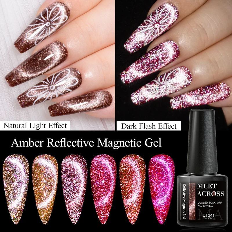 MEET ACROSS 7ml Amber Reflective Cat Magnetic Gel Nail Polish Soak Off UV/LED DIY Nail Art Sparkling Glitter Gel Maniucre Vernis