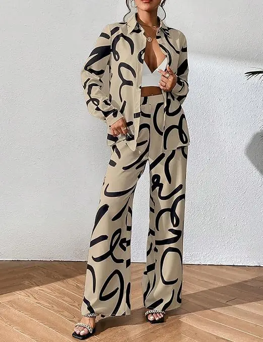 Set da due pezzi con stampa pendolare alla moda Set da donna con risvolto ampio monopetto camicia a maniche lunghe elastico in vita pantaloni dritti