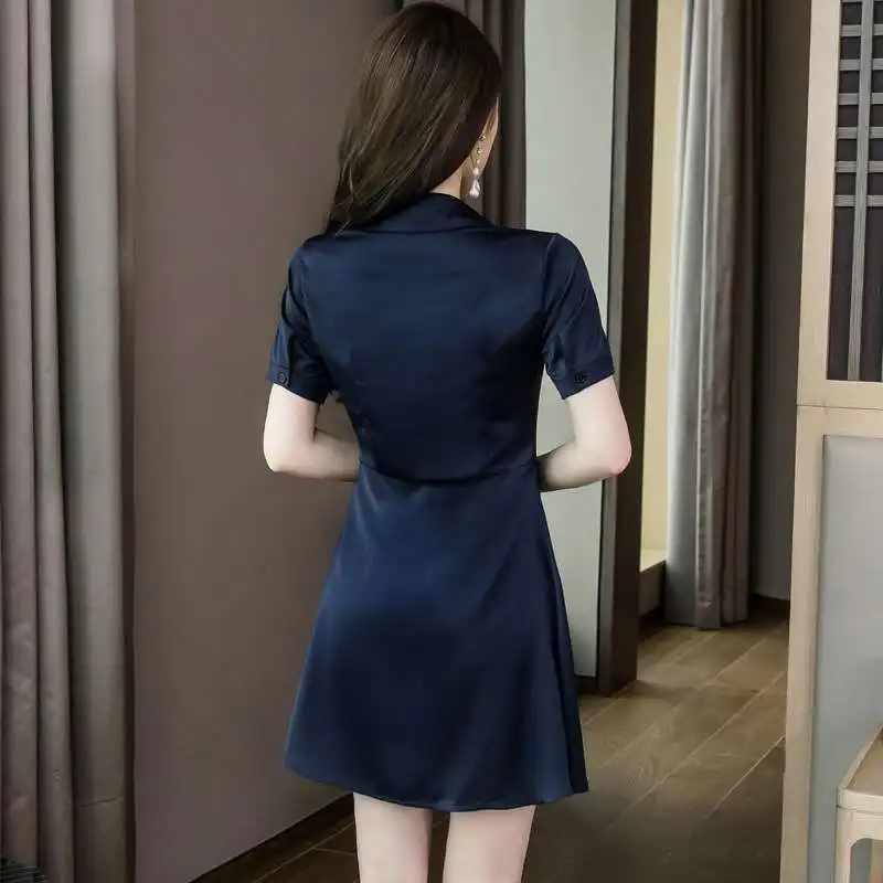 NAN Letnia Biała Satynowa Spódnica Damska Elegancka z Dekoltem Ollar, Wysoki Stan, Do Pracy, Gładka, z Nieregularnym Dołem