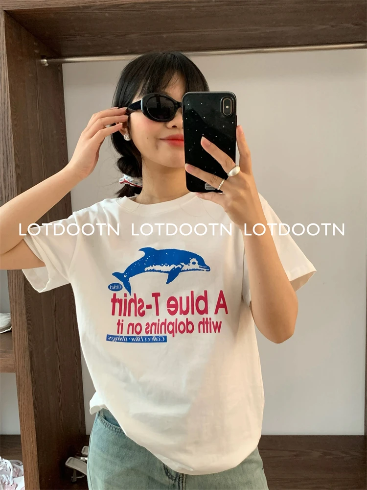 LOTDOOTN t-shirt estive Preppy Y2k in stile coreano t-shirt grafiche a maniche corte con stampa delfino da donna in puro cotone Harajuku top Casual