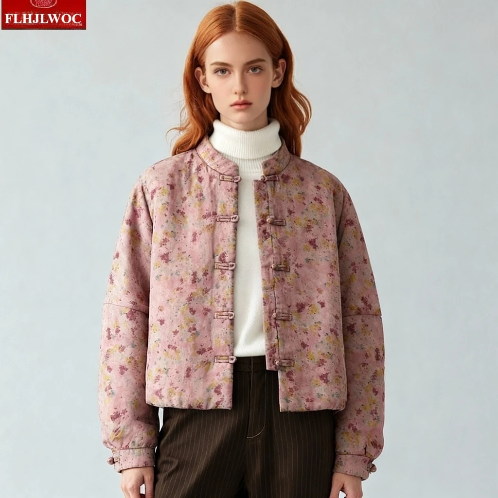 Hot Sales Cotton Coats Outerwear Cute Girls New Year Retro Vintage Floral Japan Style Women Stand Collar Knotted Buttons Parkas