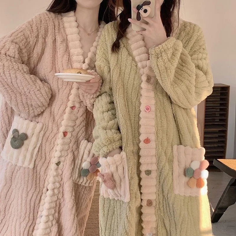 New Girls Winter Thickened Fleece Robe Women Student Warm Cardigan Pajamas Woman Loose Loungewear Lady Daily Casual Nightdress