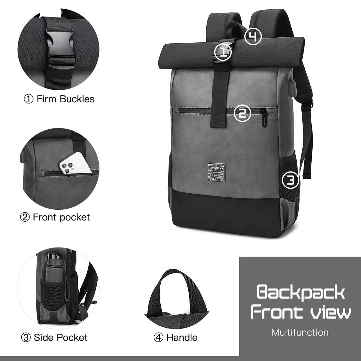 EverVanz Roll top Travel Laptop Backpack Waterproof PU Rucksack Men Women 17 Inch Laptop Bag Stylish College Backpack Schoolbag