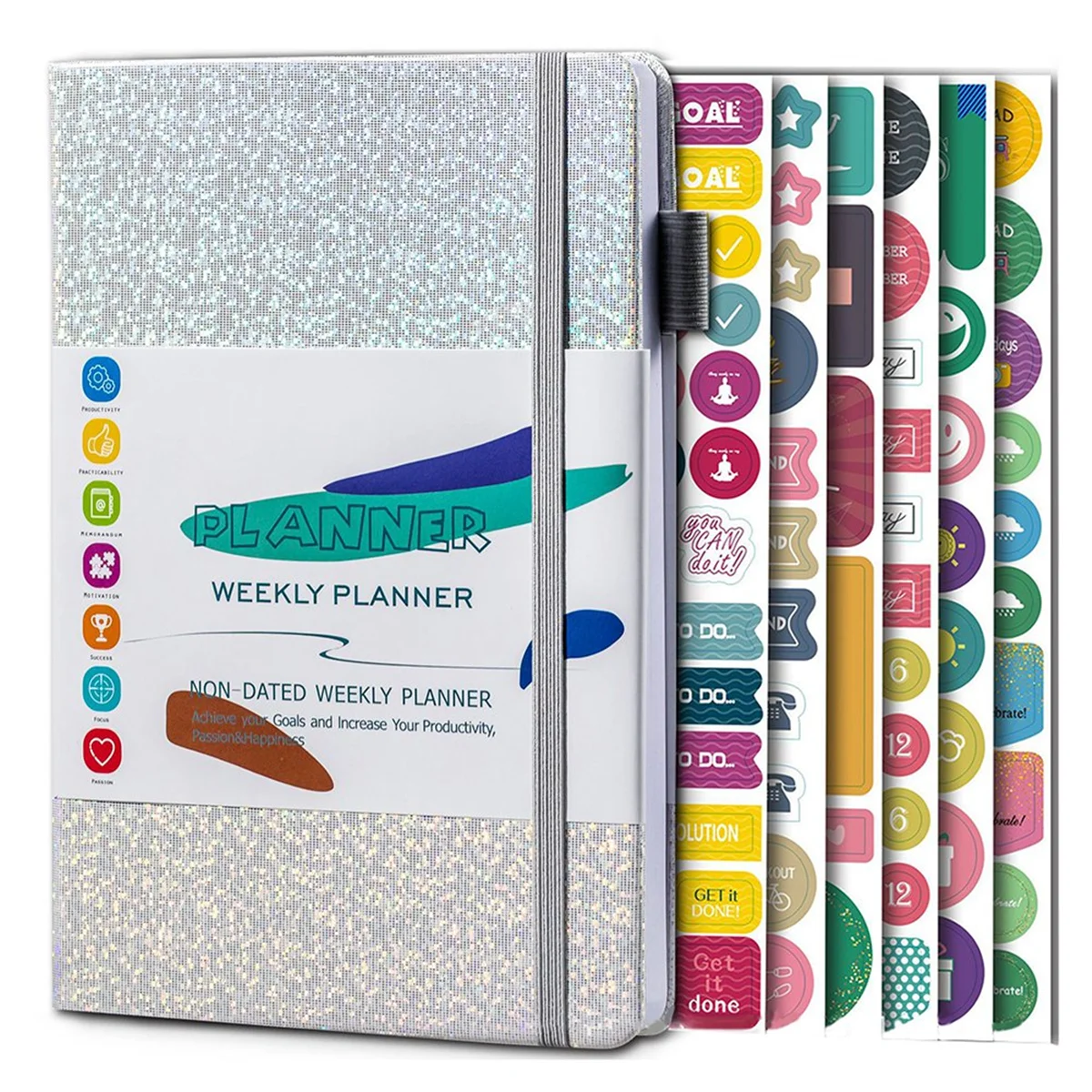 A5 Notebook Paper Diary Notebook with Elastic Strap and Journal Stickers Silver