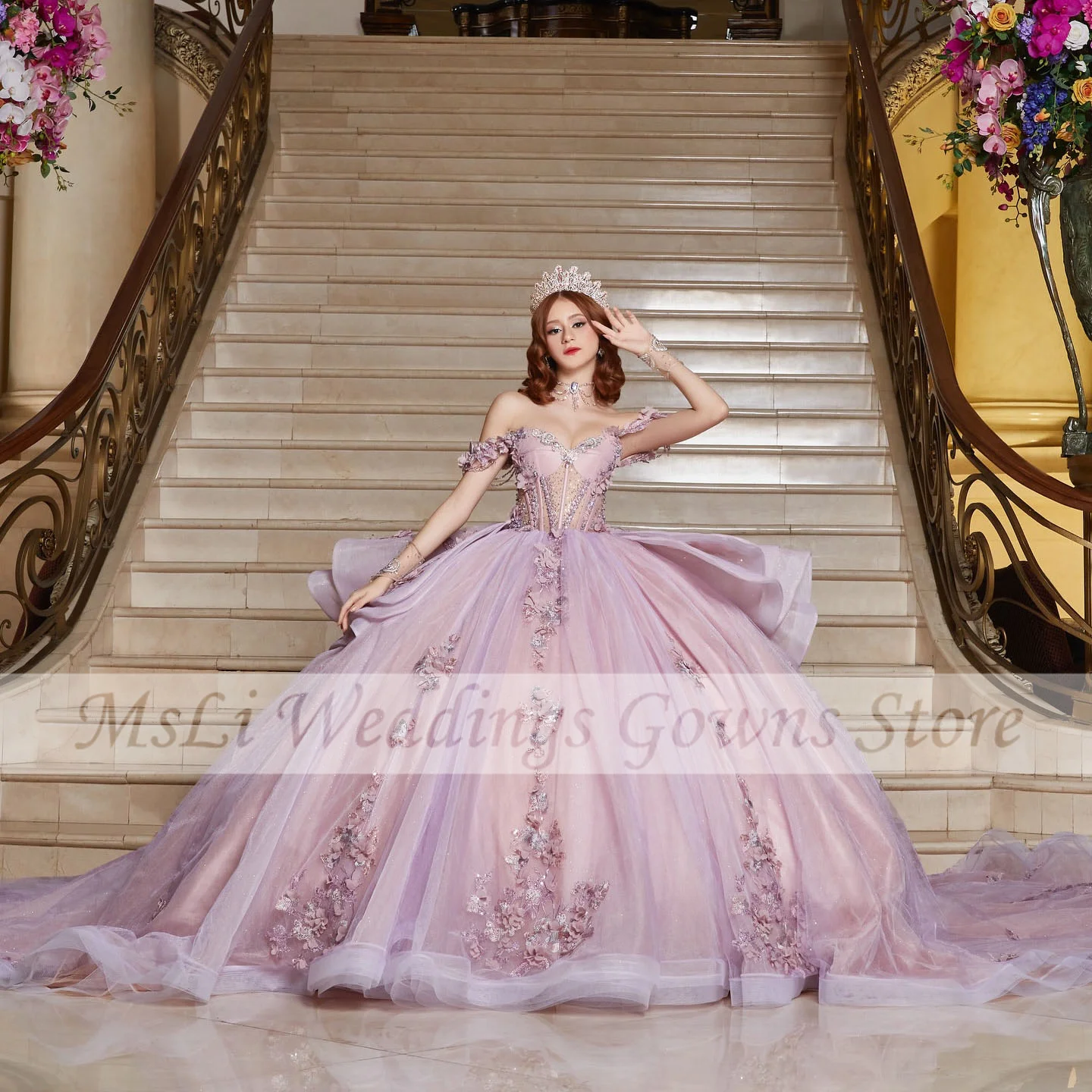 

Сиреневое Лавандовое платье для Quinceanera, бальное платье с аппликацией, открытыми плечами, бусинами, на шнуровке, вечерние платья на день рождения, платья для вечеринки