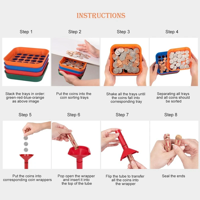 Super Sale Coin Sorter Tray & Coin Sorter Tube 4 Color Coded Coin Separator Trays with 100 PCS Coin Wrappers Assorted