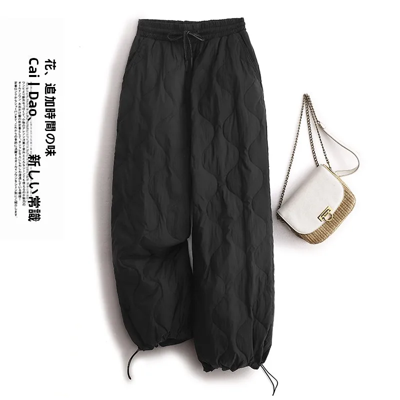 Women's Loose Fit Windproof Warmth Cotton Trousers Belted Diamond Stitched Wide Leg Pants Autumn Winter Fashion Artistic Size