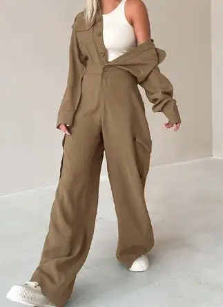 Jumpsuit Women 2025 Spring New Work Style Turn-Down Collar Long Sleeved High Waist Casual Pocket Straight-Leg Jumpsuit