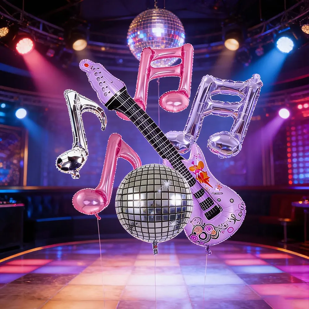 6-teiliges Lila Gitarren-Noten Disco-Ballonset Musik-Themen-Party-Dekoration Festival-Fotografie-Zubehör Bar-Dekoration Ballonset