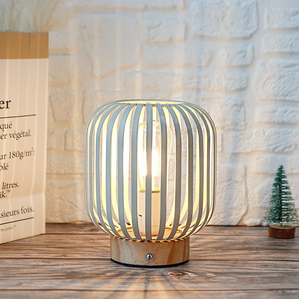 

Metal Cage LED Lantern Touch Bedside Table Lamp Wirelesswith LED Bulb Cordless Accent for Weddings for Indoors Outdoors