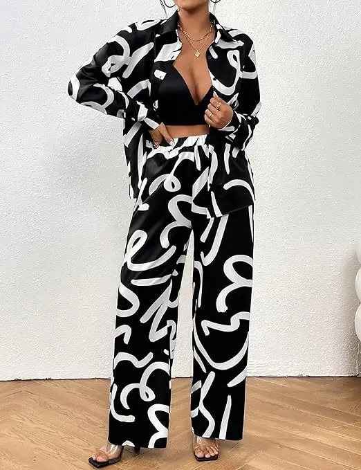 Set da due pezzi con stampa pendolare alla moda Set da donna con risvolto ampio monopetto camicia a maniche lunghe elastico in vita pantaloni dritti