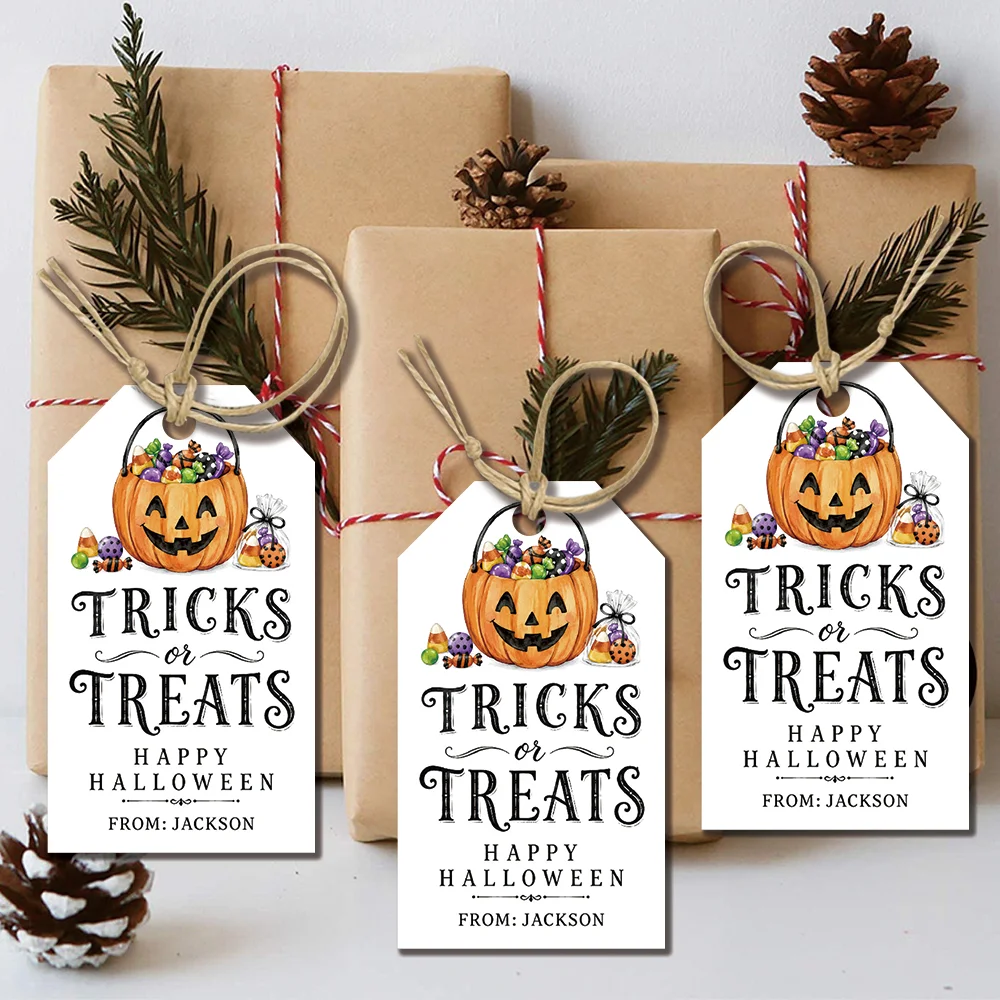 40Pcs Custom Text Halloween Tags,pumpkin basket full of candies, Custom Gift Cards, Party Decor, Happy Halloween, with Jute Rope