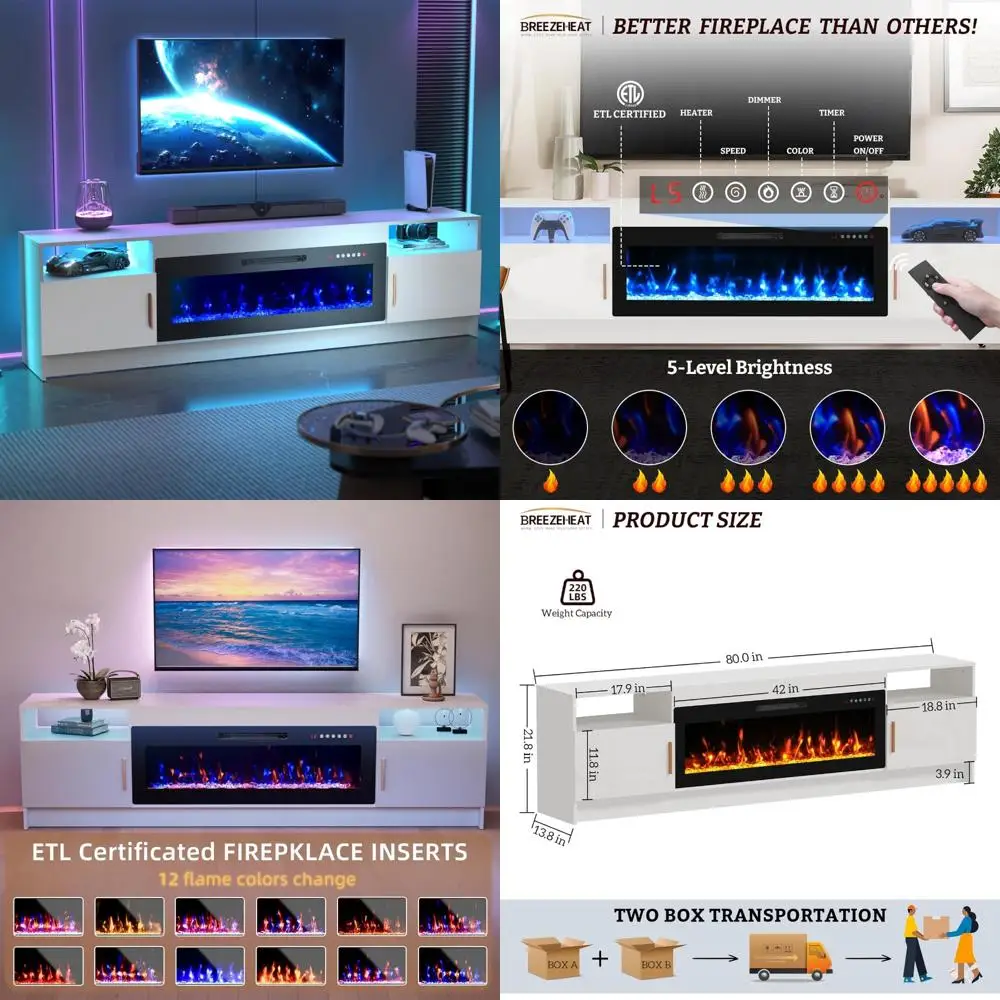

Modern Electric Fireplace TV Stand for 42-90 Inch TVs - LED Entertainment Center with Glossy Doors, 80 Inch