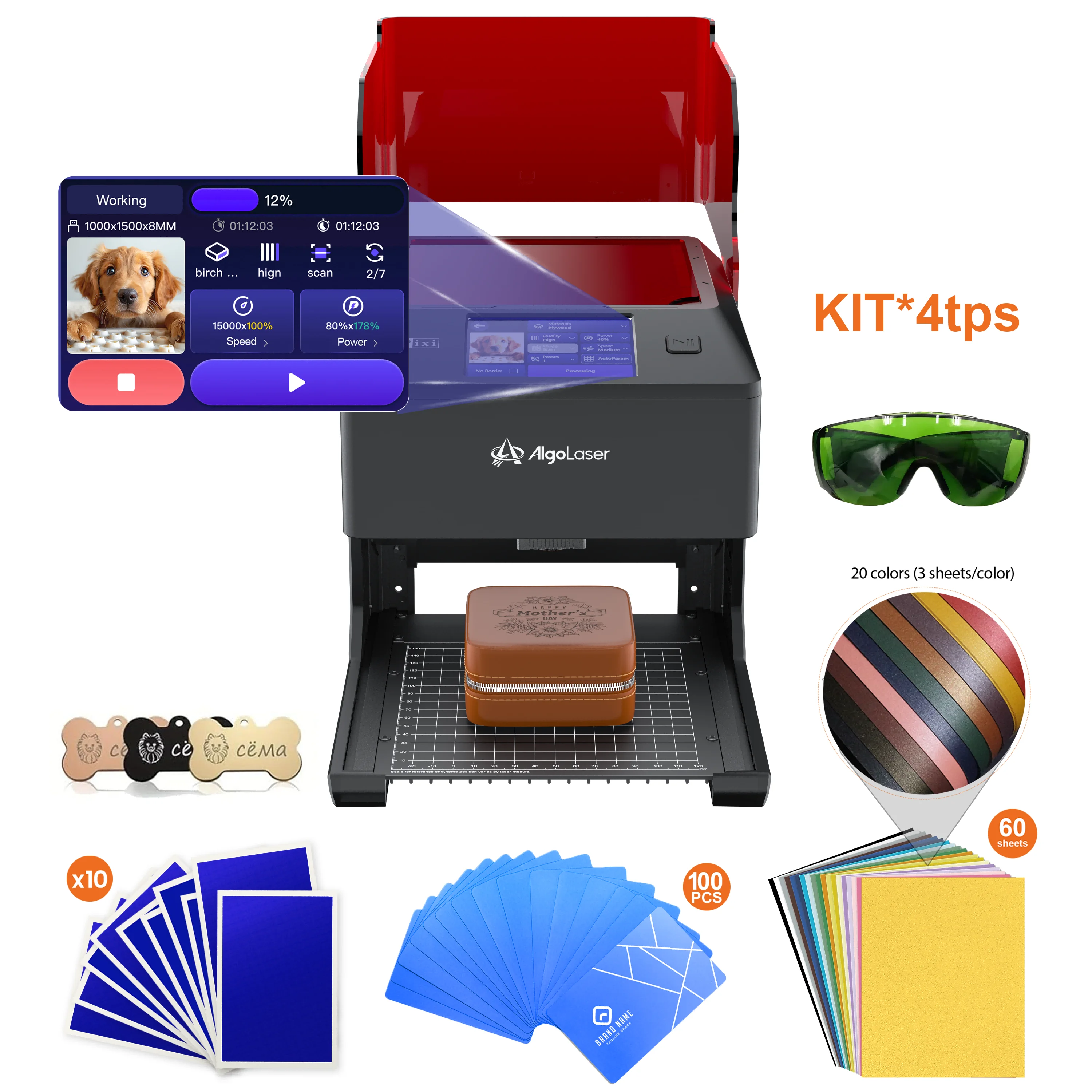 Algolaser 5W Laser Printer Set with 3.5-inch smart screen, photo printing function. Great for DIY creations, wood and stainless