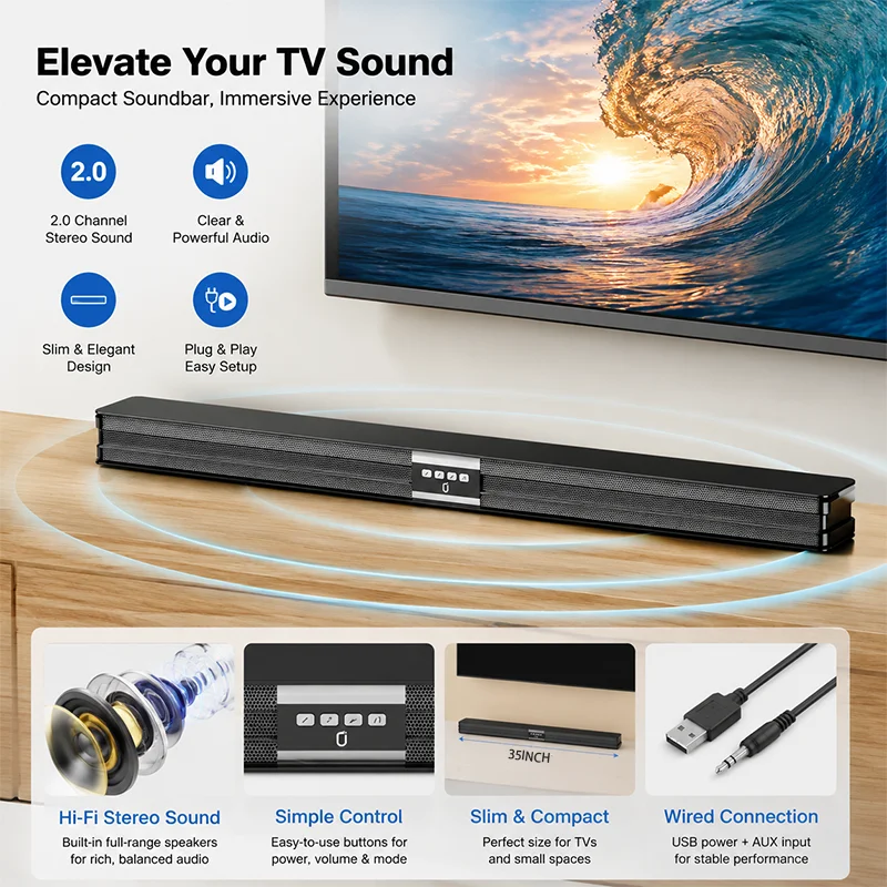2026 New Model 3D Home Theater Wireless Soundbar Tv Speaker, Stereo, High Quality, Usb/Tf Card/Coaxial, Wireless/Wired, with USB Type-C Port, 18650 Rechargeable Lithium Battery (Charger Not Included), Compatible with T