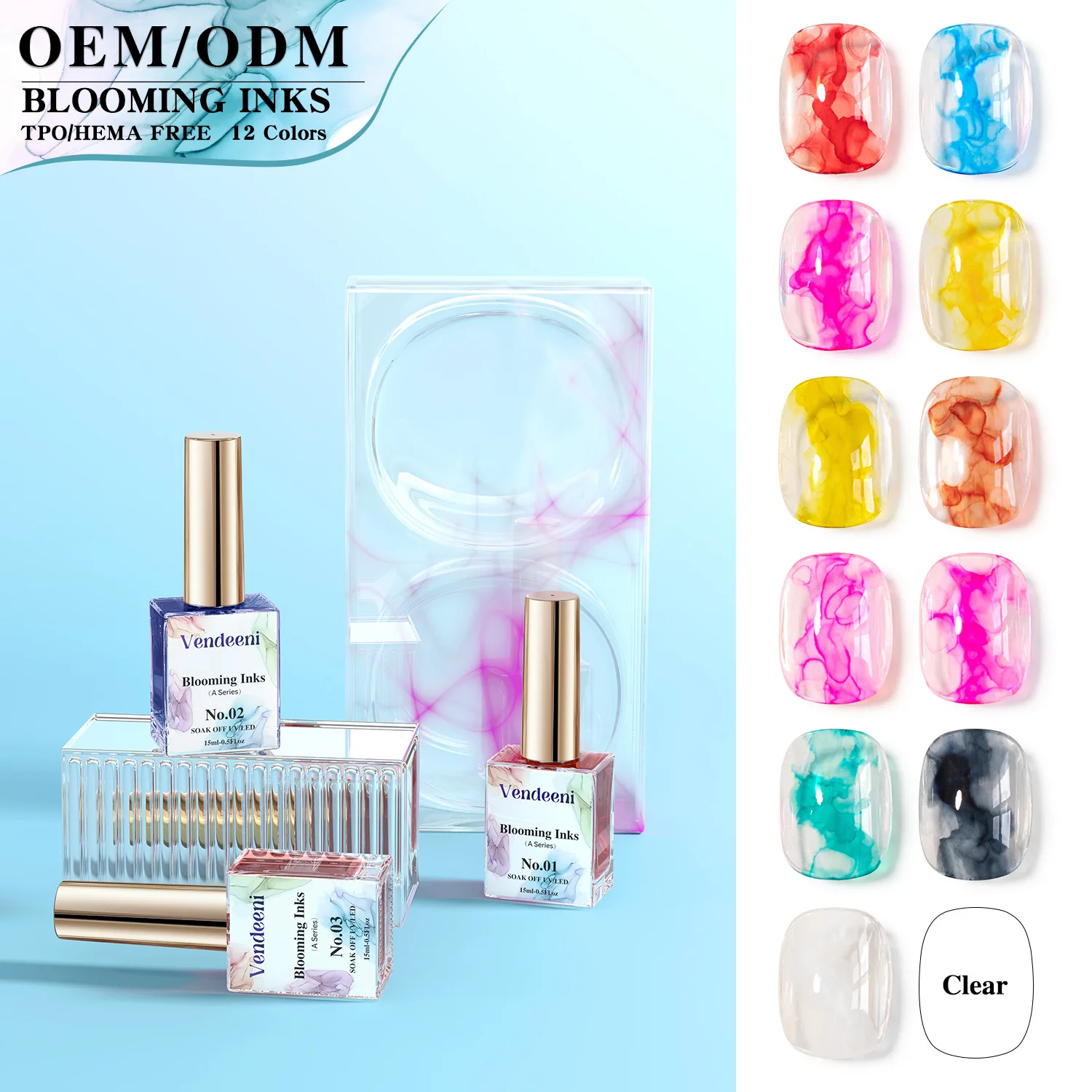 Vendeeni 12Colors Water Blooming Marble Inks Gel Nail Polish TPO HEMA FREE OEM/ODM Custom Label Alcohol Ink Gel Nail Art Salon