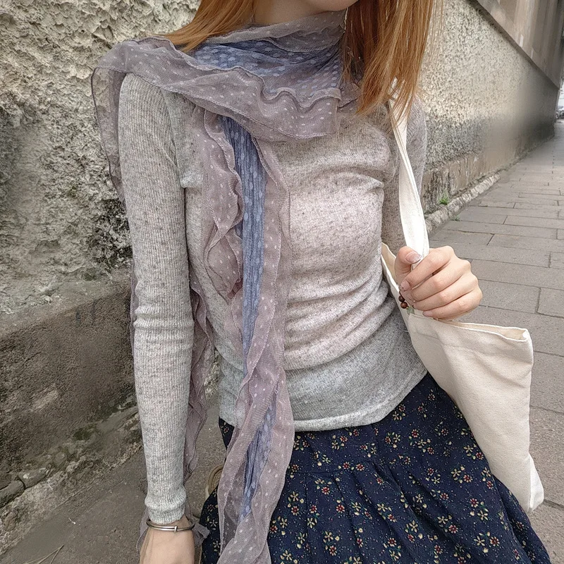 

Vintage Gray Blue Polka Dot Lace Ruffled Scarf for Women, Korean Style Versatile Atmosphere Scarf