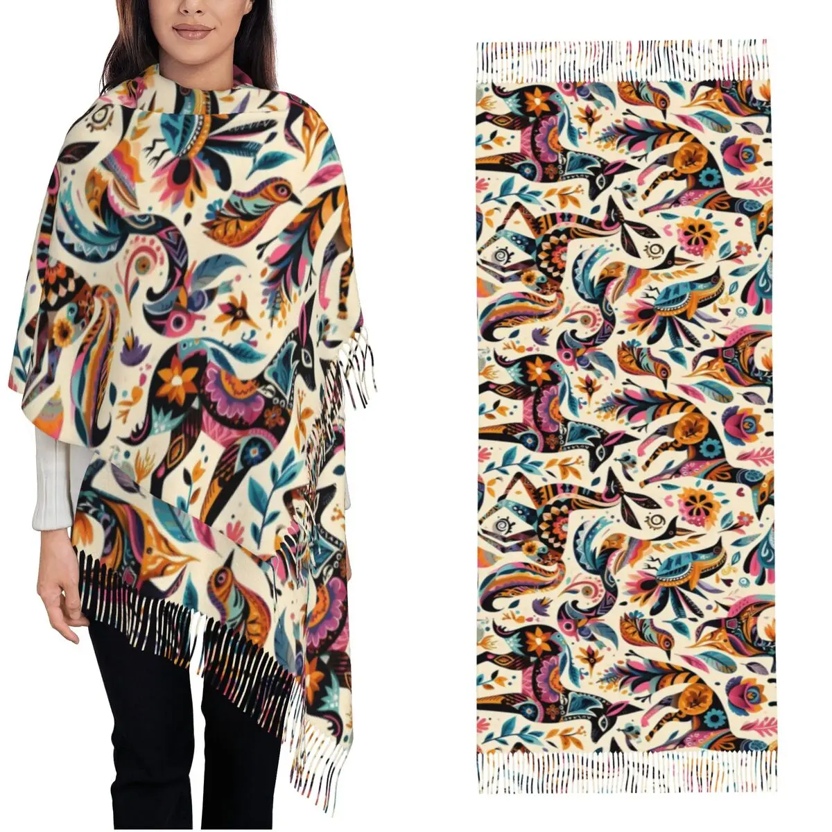 

Otomi Animals Scarf for Women Winter Warm Pashmina Shawl Wrap Mexican Fiesta Flowers Long Scarves with Tassel for Daily Wear