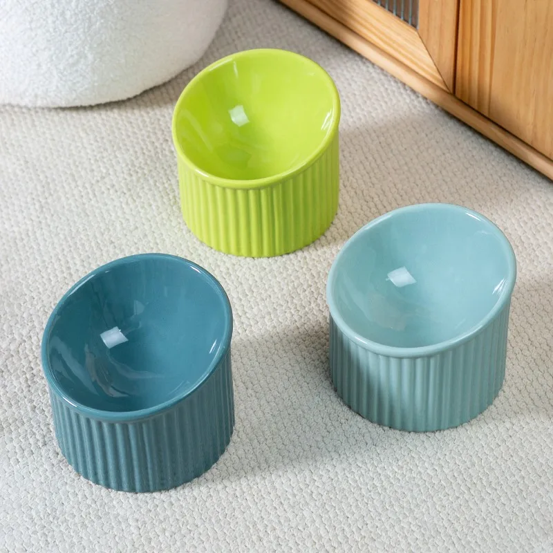 Cat Bowl Ceramic High Foot Protection Cervical Spine Dog Bowl Anti-knock Vertical Pattern Bowl Food Basin Pet Bowl