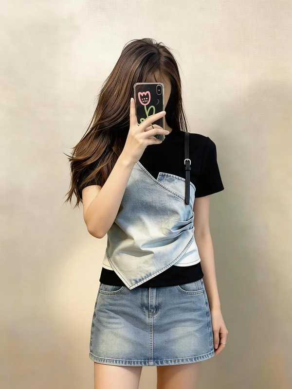 

Fashionable Short Sleeve T-Shirt Skirt Set Slim Fit Summer Style round Neck Zipper Closure High Waist Knot Casual Wear
