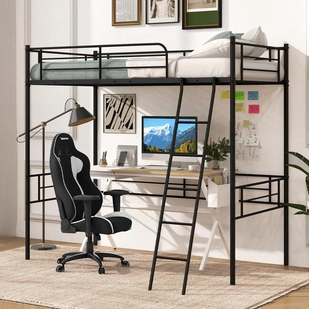 

Компактная металлическая двухъярусная кровать с лестницей и защитным бортиком, размер Twin, для детей и взрослых, бесшумная, черная