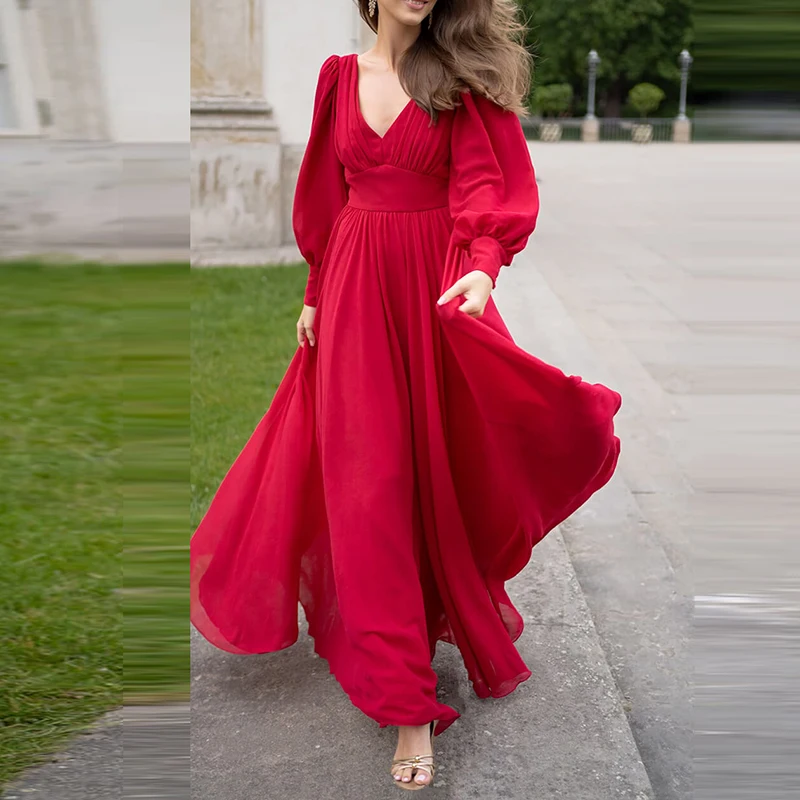 Elegant Solid Long Sleeve Chiffon High Waist Dress Lady Spring Autumn Big Hem Party Dress Women New 2024 V-Collar Maxi Dress