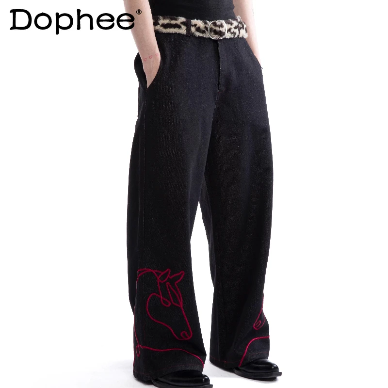 

Men's 2026 Spring New Embroidered Denim Trousers Loose Comfort Pocket Decoration Straight-Leg Jeans Wide-Leg Tooling Denim Pants